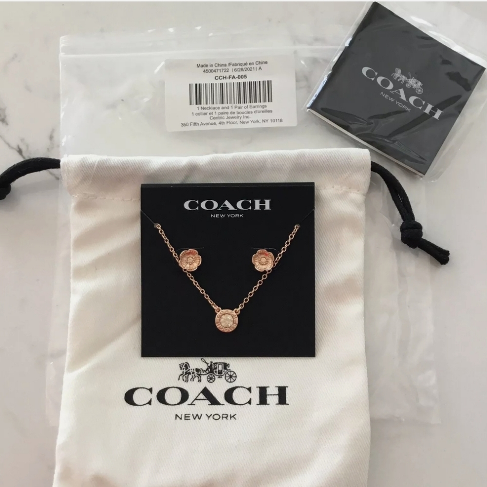 NWT COACH OPEN CIRCLE NECKLACE & Tea Rose EARRINGS